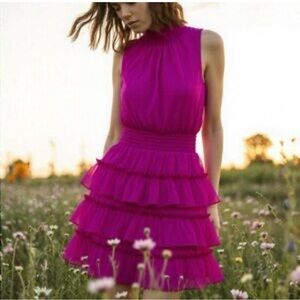 1.State Metallic Smocked Dress Magenta Mock Neck Tiered Ruffled Size Large